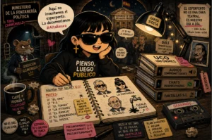 Ilustración satírica de la agenda de Leire Díez con los motes de Ferraz, 'El One' y 'P.S.', rodeada de informes de la UCO y grabaciones, para el blog Alta Basura de Piensoluegopublico.