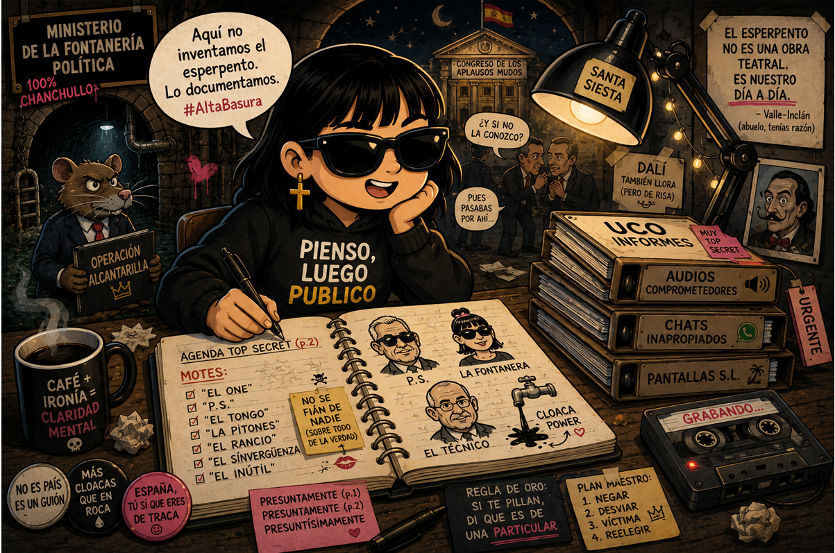 Ilustración satírica de la agenda de Leire Díez con los motes de Ferraz, 'El One' y 'P.S.', rodeada de informes de la UCO y grabaciones, para el blog Alta Basura de Piensoluegopublico.