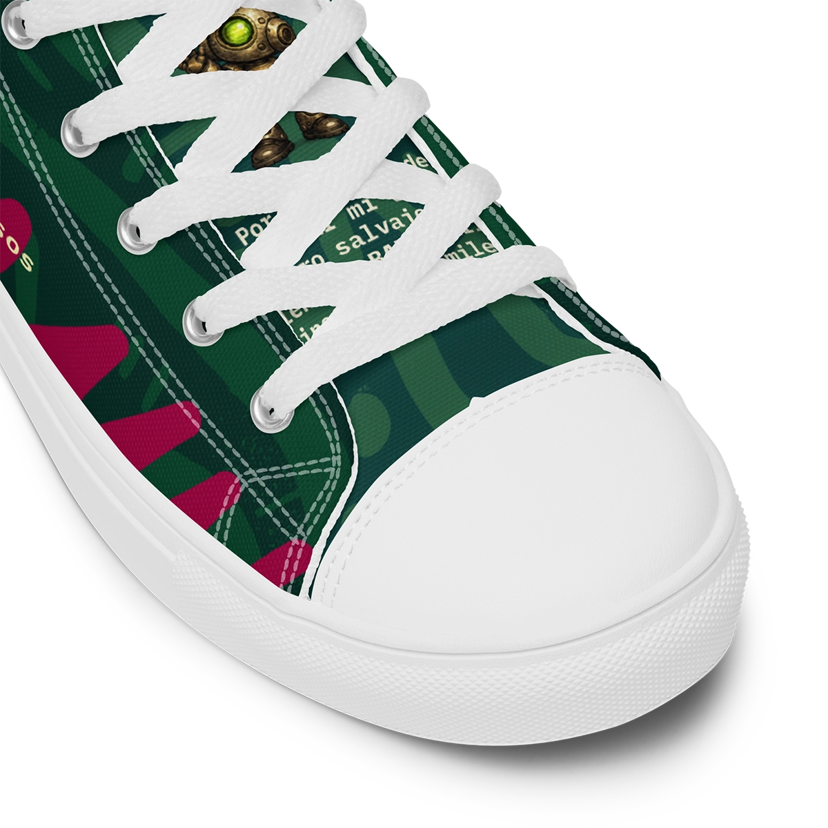 Primer plano detalle de la puntera de piel sintética blanca de las zapatillas de lona altas Caza-Morosos de Autónomos Salvajes.