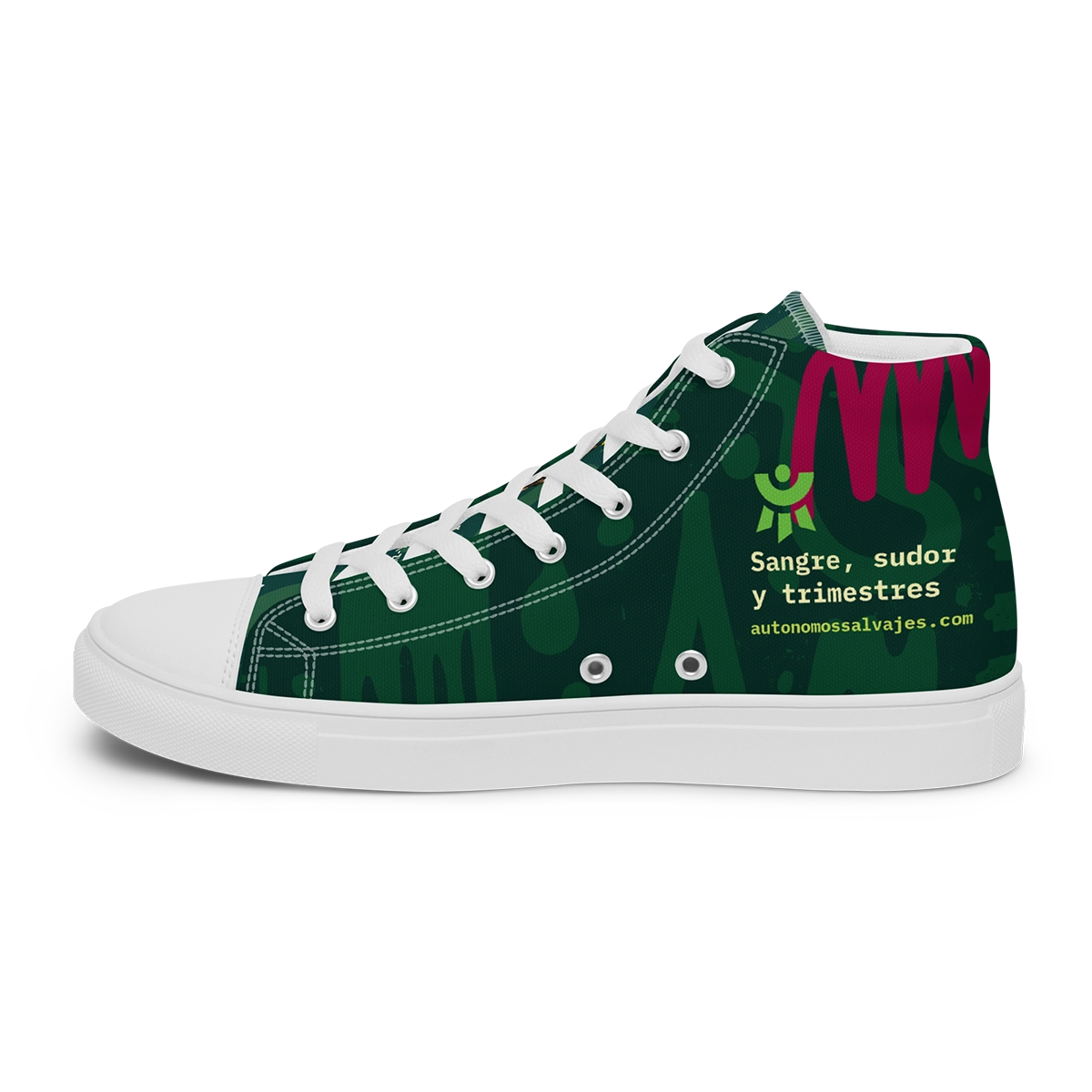 Vista lateral interior con la frase Sangre sudor y trimestres de las zapatillas de lona altas Caza-Morosos de Autónomos Salvajes.