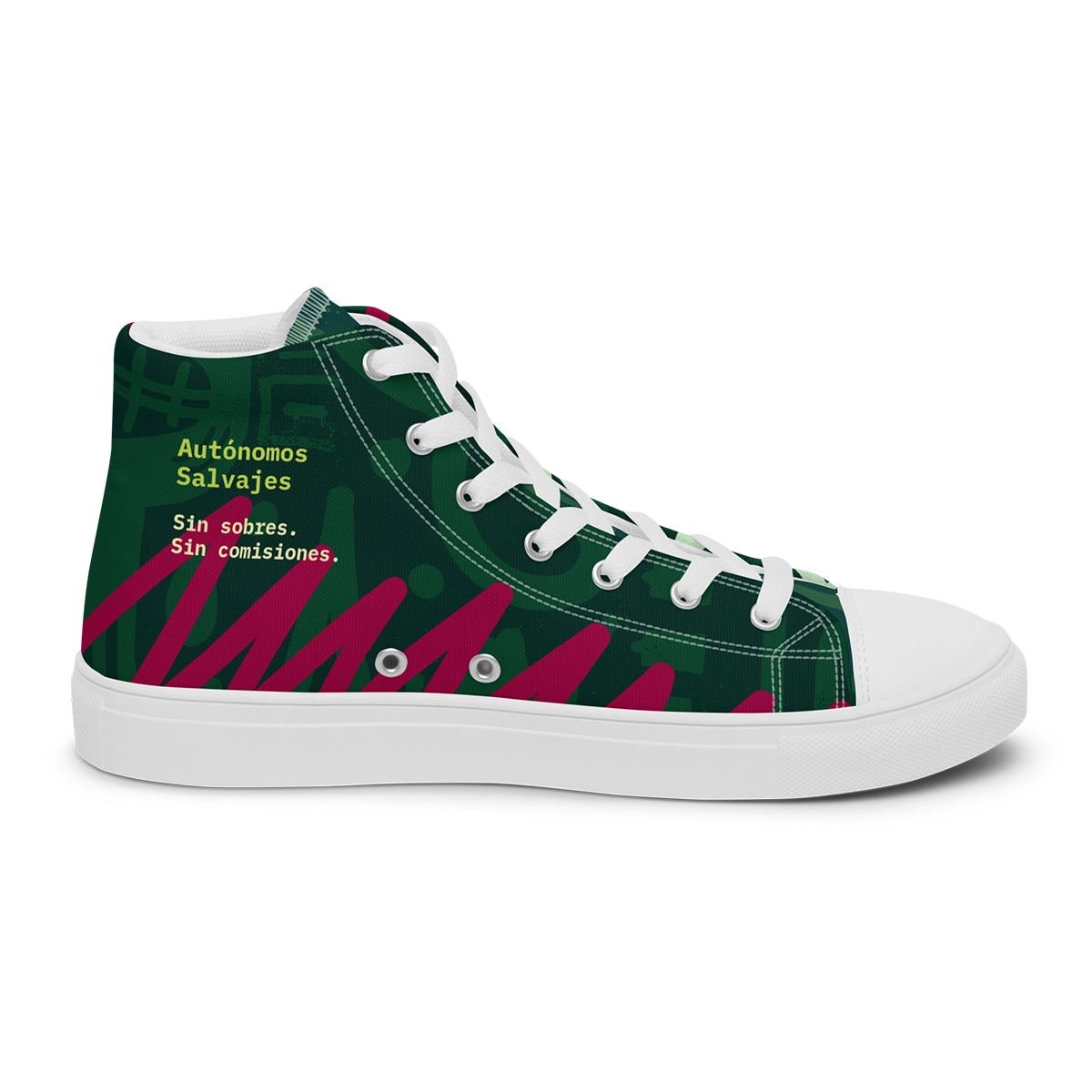 Vista lateral interior con el texto Autónomos Salvajes Sin sobres Sin comisiones de las zapatillas de lona altas Caza-Morosos.