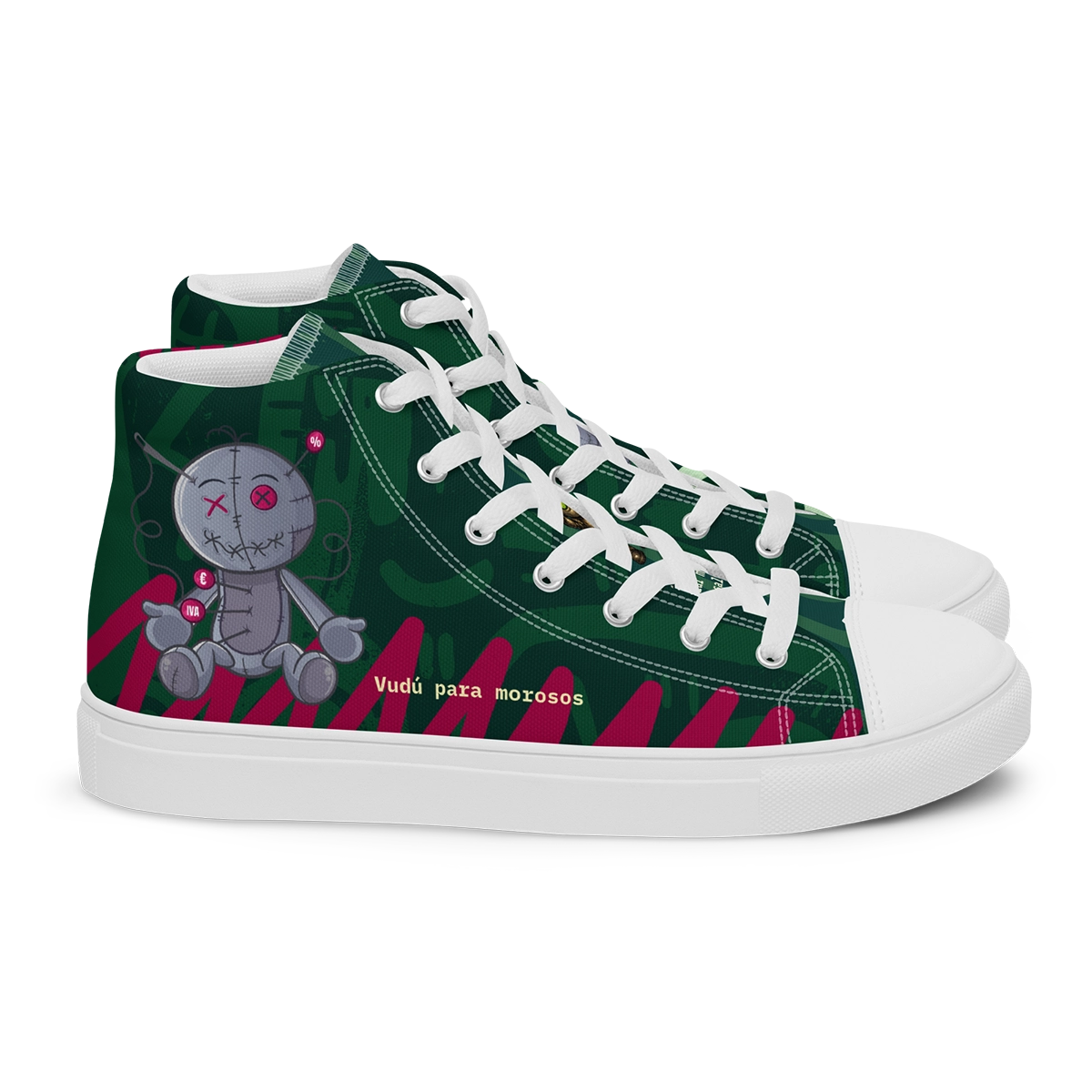 Vista lateral exterior con el diseño de muñeco vudú para morosos de las zapatillas de lona altas Caza-Morosos de Autónomos Salvajes.