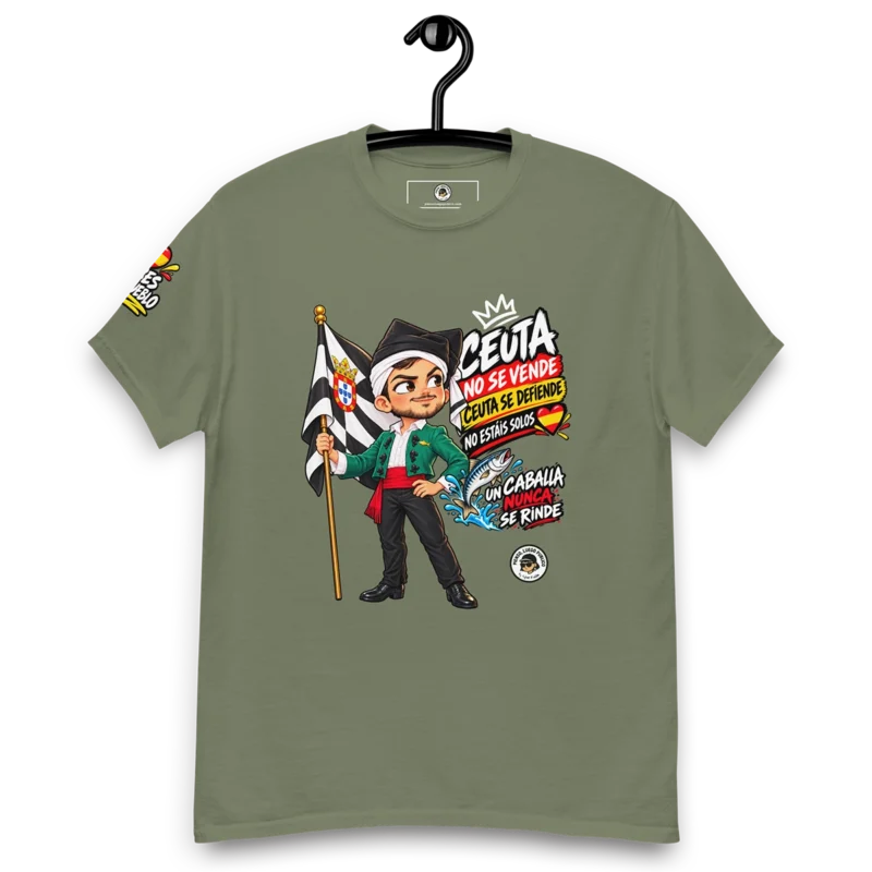 Camiseta Ceuta no se vende, Ceuta se defiende con ilustración de caballa masculino vestido con traje regional de Ceuta, en color verde militar.