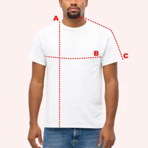 Guía de tallas de camiseta unisex con modelo mostrando cómo medir el largo, el pecho y la manga.